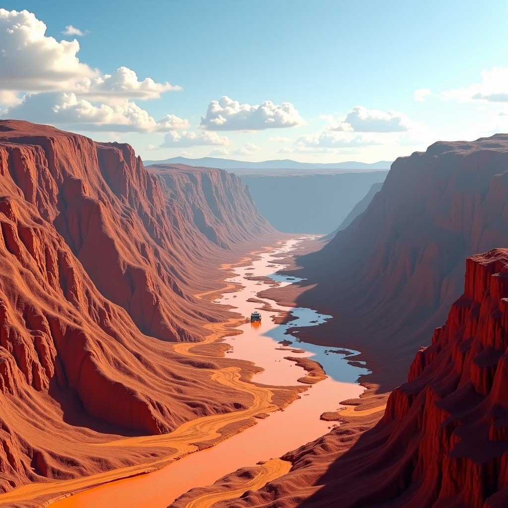 Photorealistic image of a large-scale open-pit copper mine with industrial machinery, bright daylight, clear sky, natural earth colors, 4:3