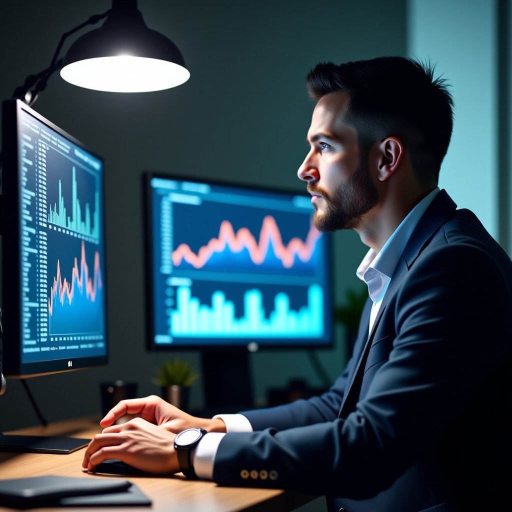 A detailed composition of a professional investor looking at financial data on a monitor, soft ambient light, office desk setup, realistic style, 4:3