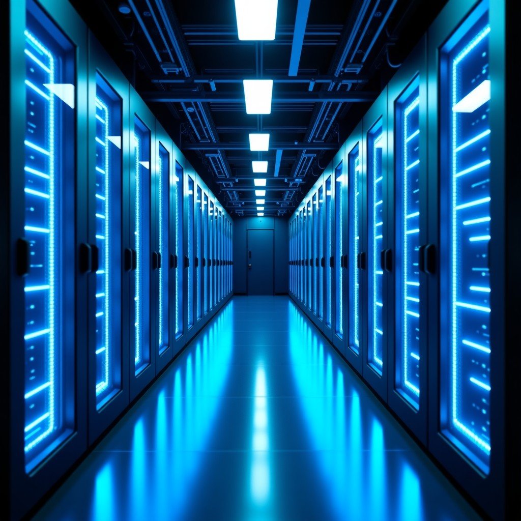 A futuristic server room with glowing blue light cables, high-tech industrial aesthetic, cinematic lighting, 8k resolution, wide angle shot, 4:3