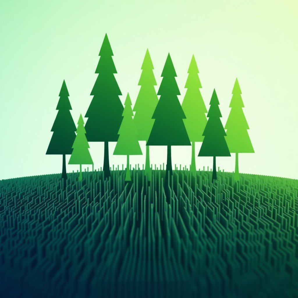 Abstract representation of global carbon markets, conceptual illustration with green trees growing out of circuit boards, professional business style, 4:3