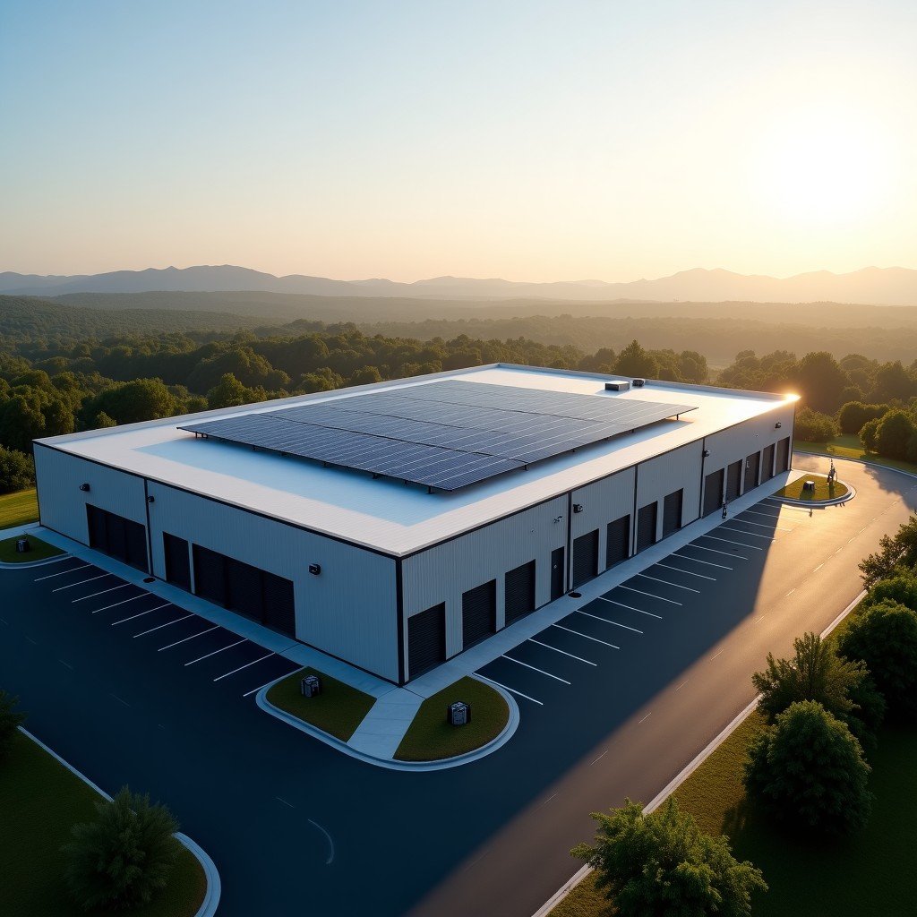 Sustainable data center facility with solar panels on the roof, exterior architecture photography, soft morning sunlight, natural landscape surrounding, 4:3