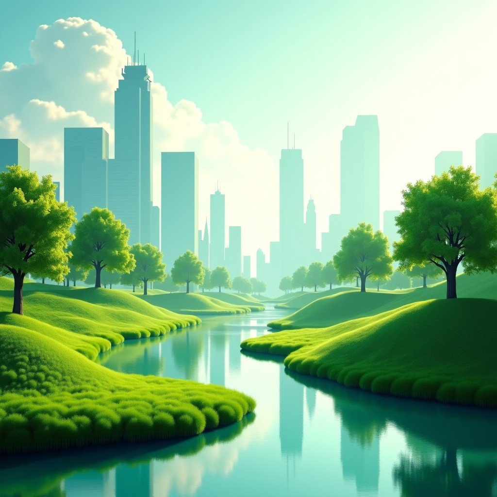Conceptual art of green nature blending with digital technology, clean and modern aesthetic, futuristic city landscape, bright and airy atmosphere, 4:3
