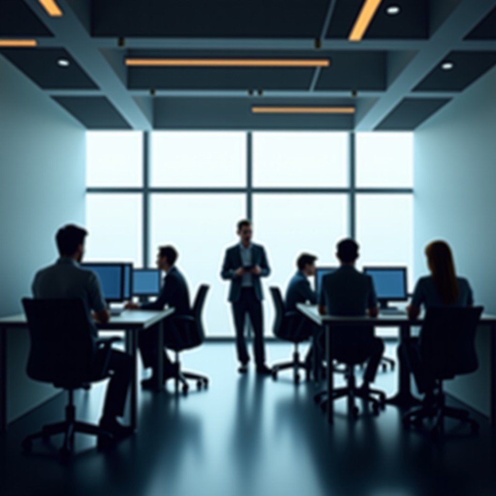 Professional people working in a modern minimalist office with digital interfaces, focus on productivity and technology, natural lighting, cinematic composition, 4:3