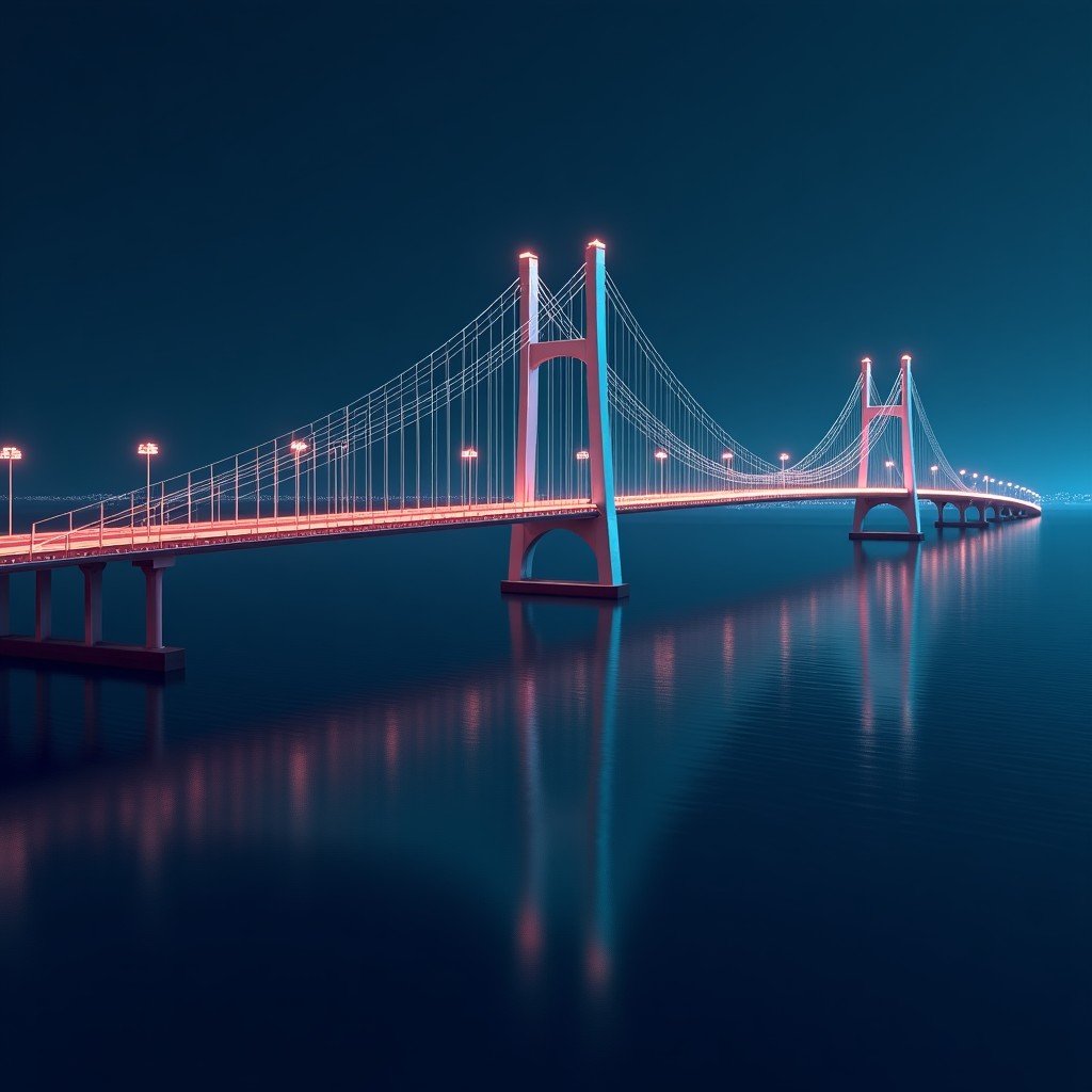 A complex bridge structure connecting digital data streams, minimalist style, corporate art, professional and clean, 4:3