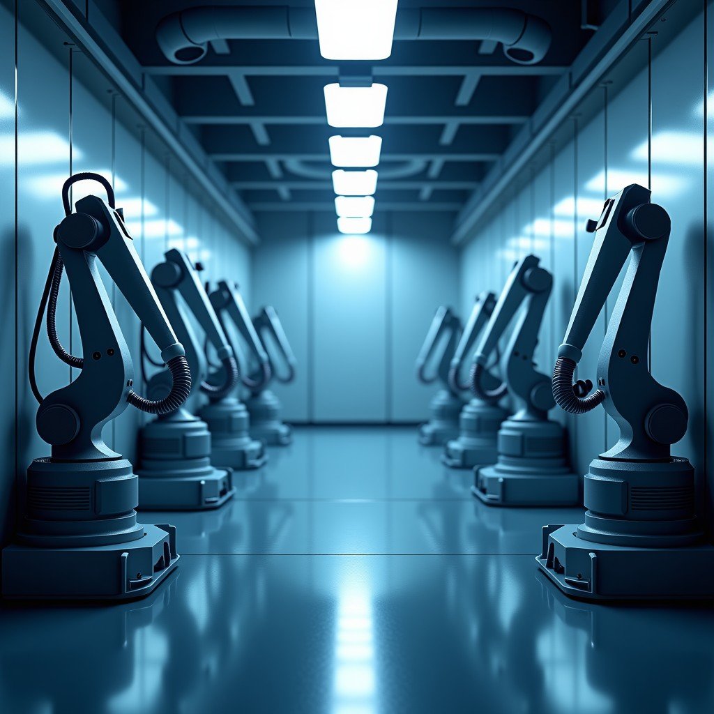 Interior of a high-tech semiconductor manufacturing plant with robotic arms and clean room environment, cinematic lighting, industrial design, realistic, 4:3
