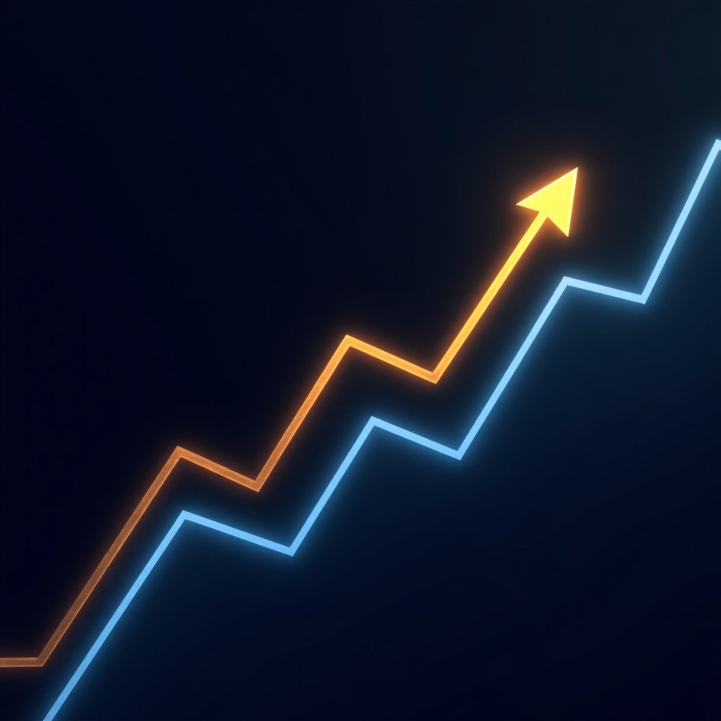 A sleek digital interface showing stock market growth trends and upward data visualization, minimalist design, dark background with golden and blue lines, high contrast, 4:3