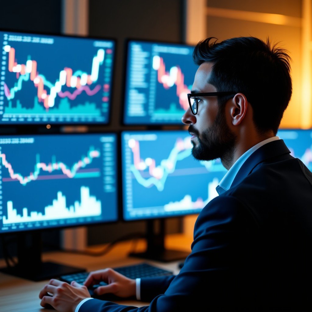A professional office setting with a focused investor looking at digital charts on multiple screens, warm indoor lighting, blurred background of a modern workspace, high-end finance atmosphere, 4:3 aspect ratio.