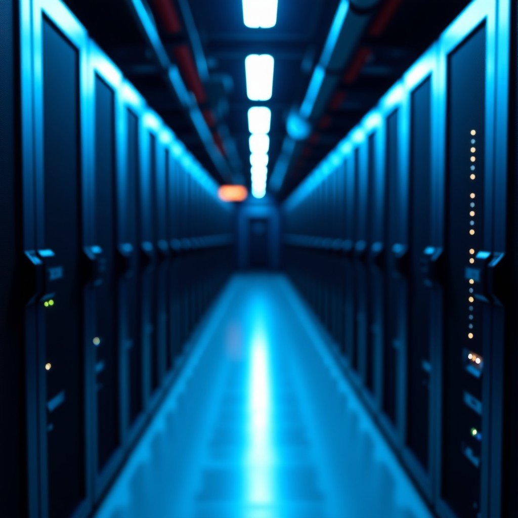 Rows of high-performance server racks in a modern data center, cool blue ambient lighting, symmetrical composition, depth of field, sharp focus on hardware details, 4:3 aspect ratio.