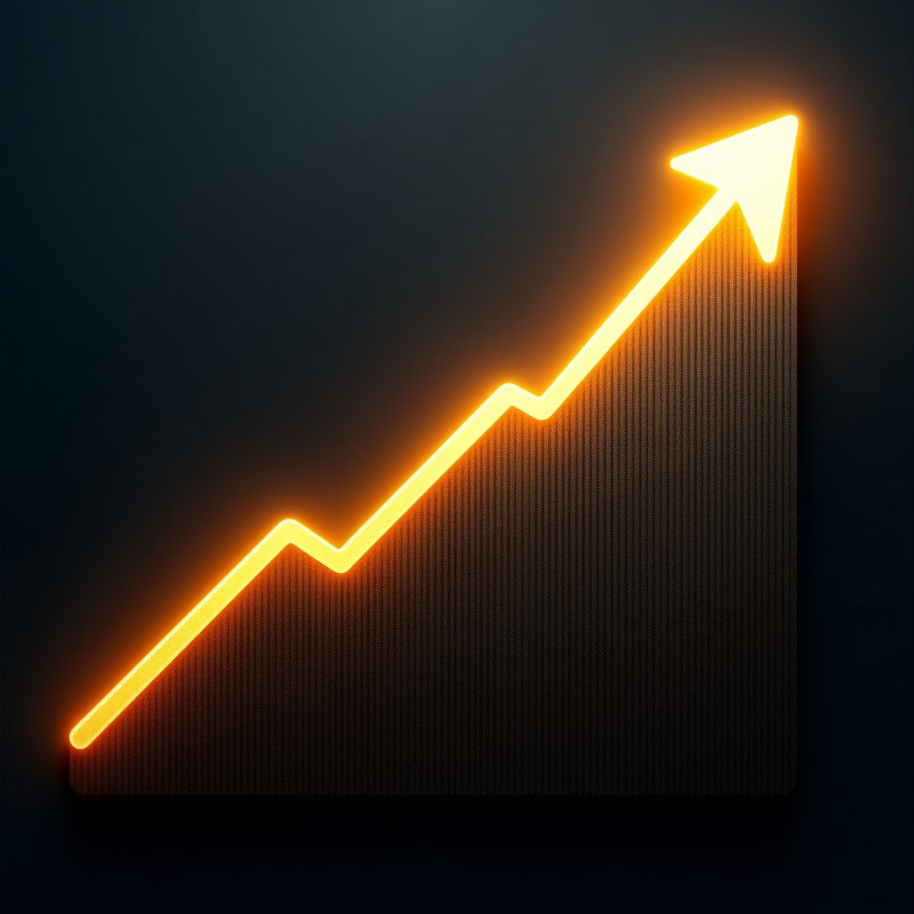 Abstract representation of technology and growth, a glowing circuit board pattern transitioning into a upward trend arrow, gold and silver metallic textures, minimalist composition, professional corporate photography style, 4:3 aspect ratio.