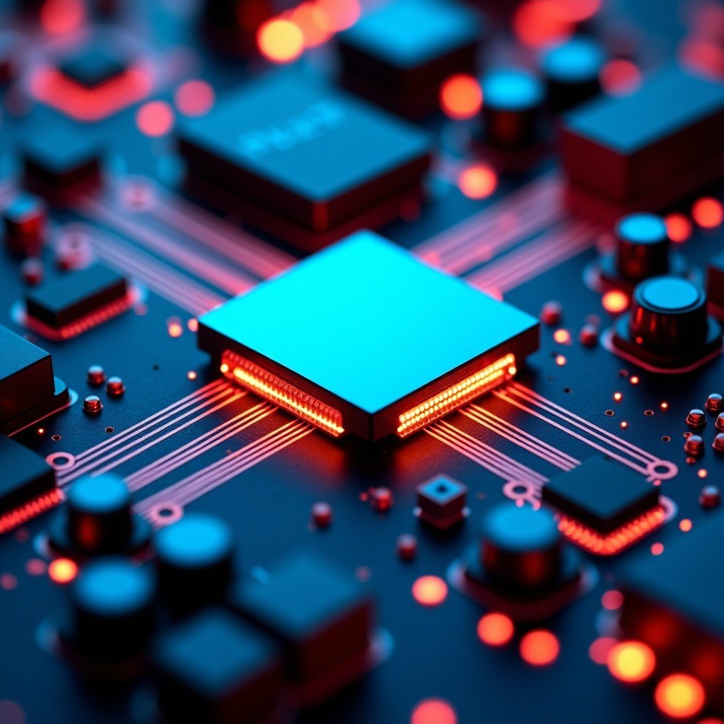 Close up shot of high performance computer processor, intricate details, glowing circuits, futuristic tech lab lighting, cinematic style, 1:1 aspect ratio