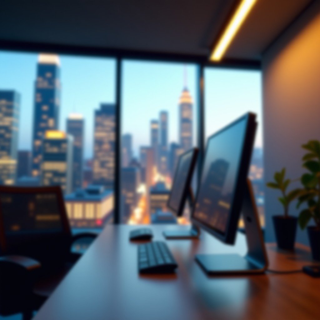 An modern office environment with blurred city background, warm ambient lighting, desk with computer setup, professional atmosphere, 4:3 aspect ratio