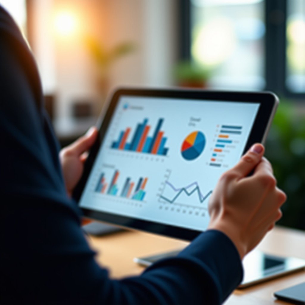 Person working on a tablet with analytical graphs, blurred office background, soft warm lighting, calm and focused mood, 16:9 aspect ratio