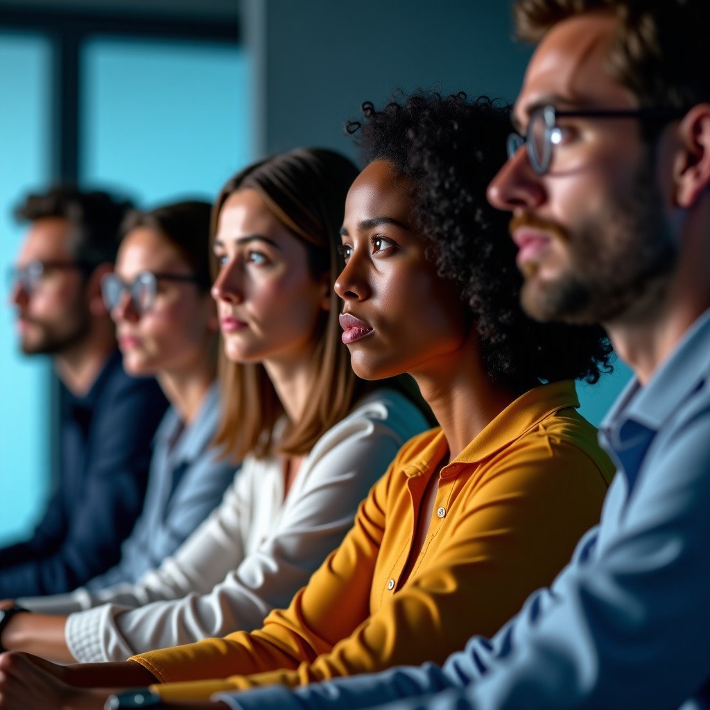 Diverse team members in a meeting room looking concerned at a shared screen, professional atmosphere, cinematic lighting, realistic style, 16:9