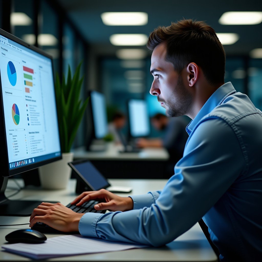 Close-up shot of a stressed office worker looking at a cluttered computer screen, high-tech office desk, detailed background, realistic photography, 4:3
