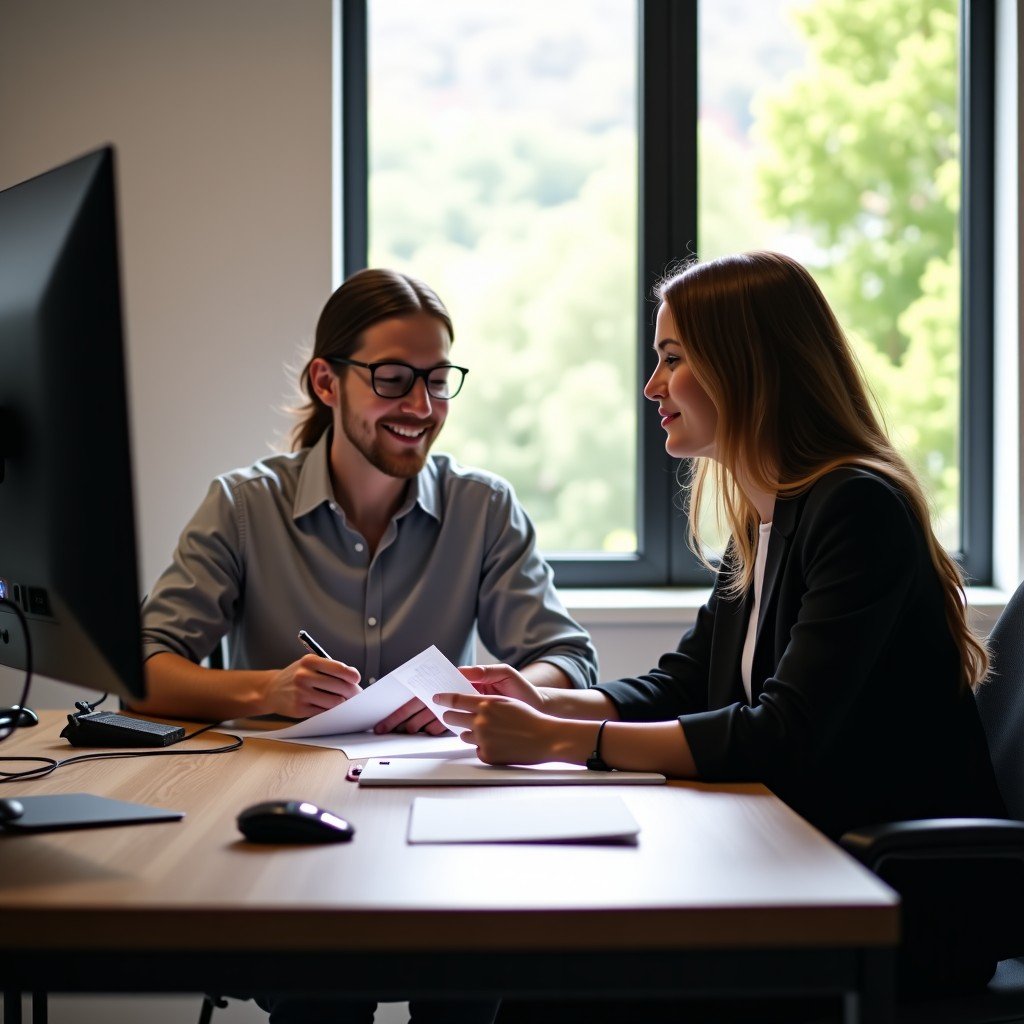 Two colleagues sitting at a desk and discussing a project with papers and screens, positive interaction, warm lighting, natural setting, realistic photography, 4:3