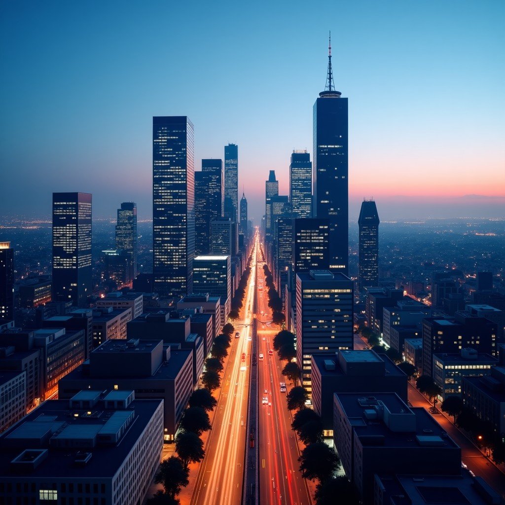 Modern city skyline at dusk with high-tech office buildings, glass architecture reflecting street lights, realistic style, wide angle, professional photography, 16:9