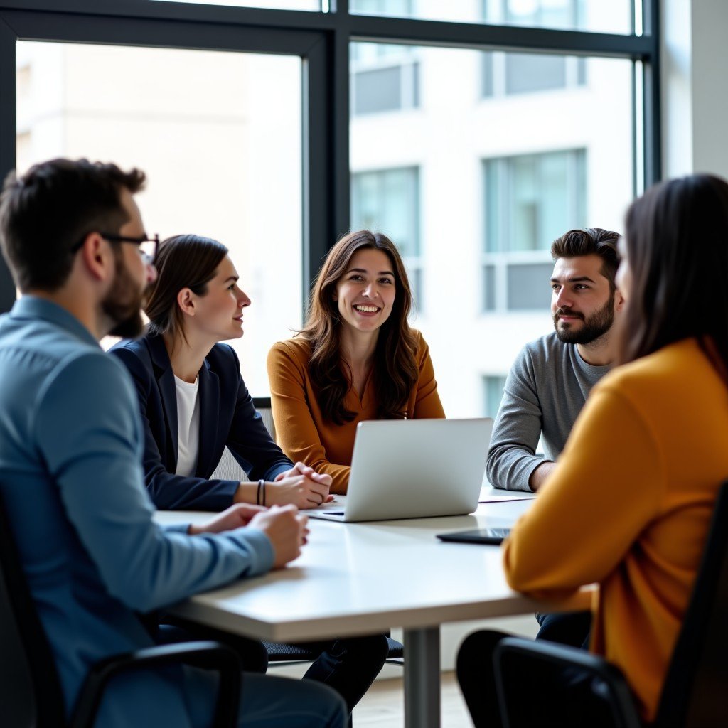 Group of diverse professionals discussing ideas in a modern bright meeting room, natural light, realistic candid photography, focus on expressions, 4:3