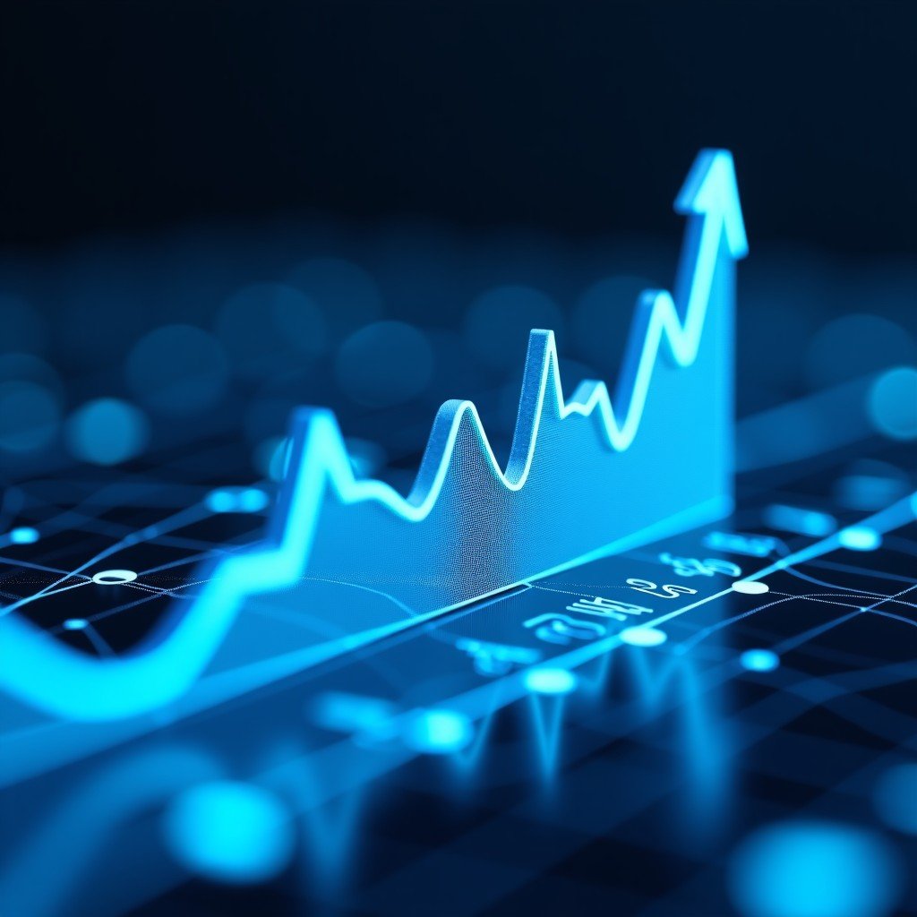 Close up of a digital holographic interface showing growing trends and graphs, futuristic design, clean composition, high definition, 1:1