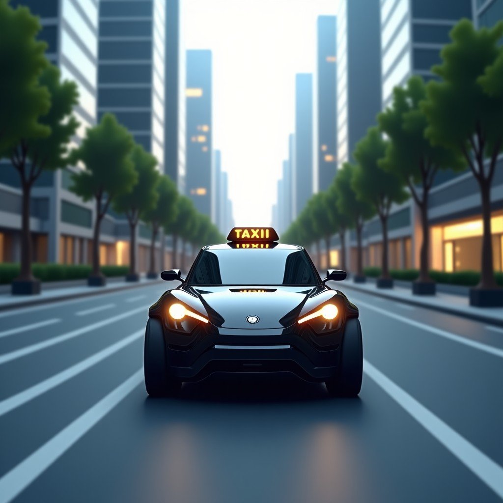 A futuristic robotaxi driving through a modern city street, clean urban environment, hyper-realistic, high contrast, 4:3 ratio.