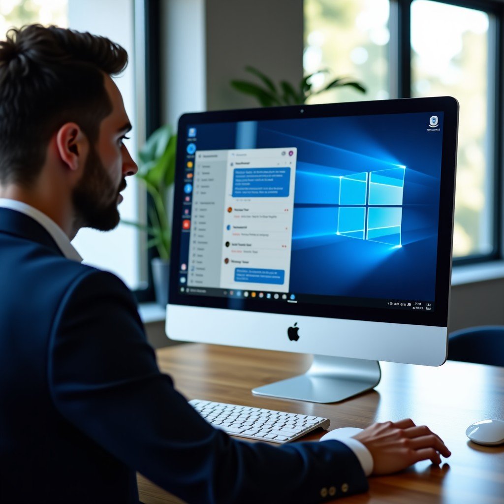 Professional setting showing a sleek desktop interface integrating with messaging apps, focus on productivity and technology, 4:3 aspect ratio