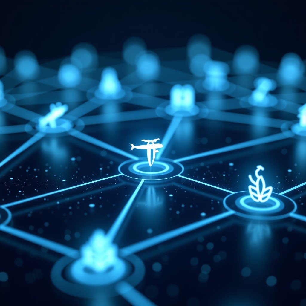 Concept of digital transformation in business travel, glowing network lines connecting travel icons, futuristic interface design, cinematic lighting, 16:9 aspect ratio