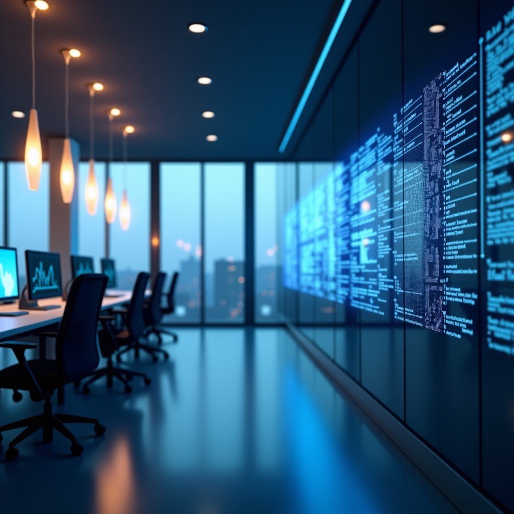 A modern office space with digital glowing network nodes and abstract data visualization, clean and sophisticated aesthetic, high resolution, 4:3