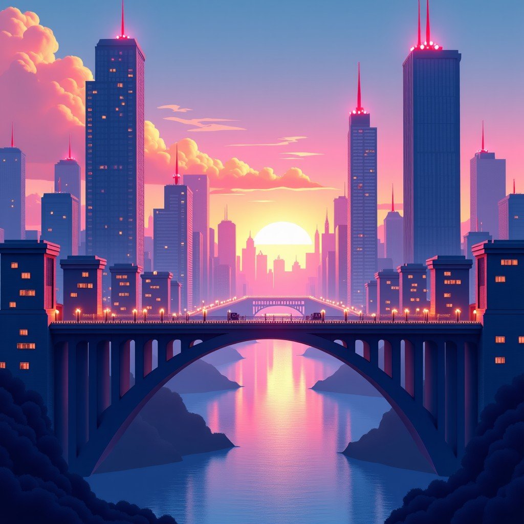 Abstract representation of digital transformation, a bridge connecting old architecture to a futuristic tech landscape, vibrant colors, 4:3