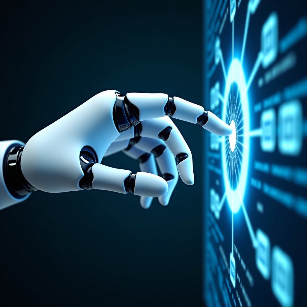 Close up of a robotic hand interacting with a holographic interface representing data processing, clean blue and white tones, cinematic lighting, 4:3 aspect ratio
