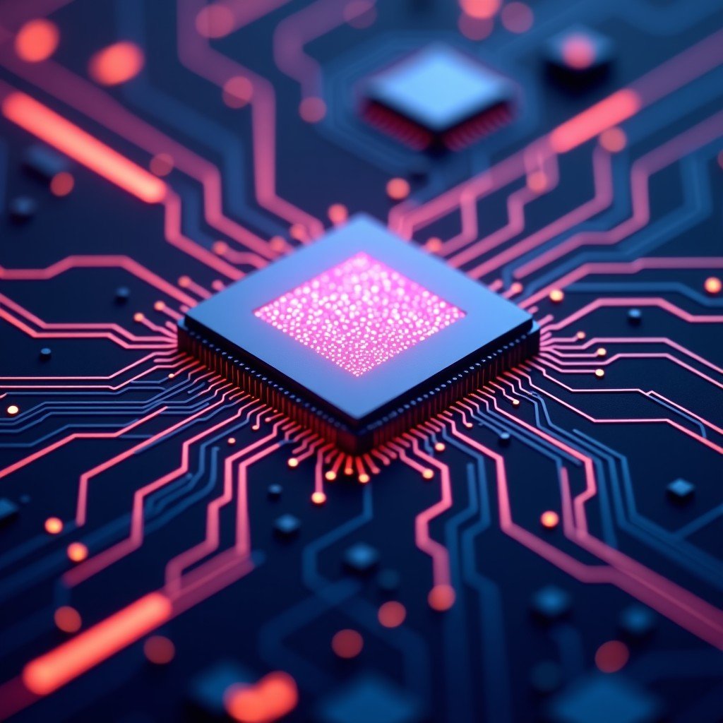 Abstract representation of digital connection, neural network patterns integrated into computer hardware, professional tech aesthetic, vibrant colors, 4:3 aspect ratio.