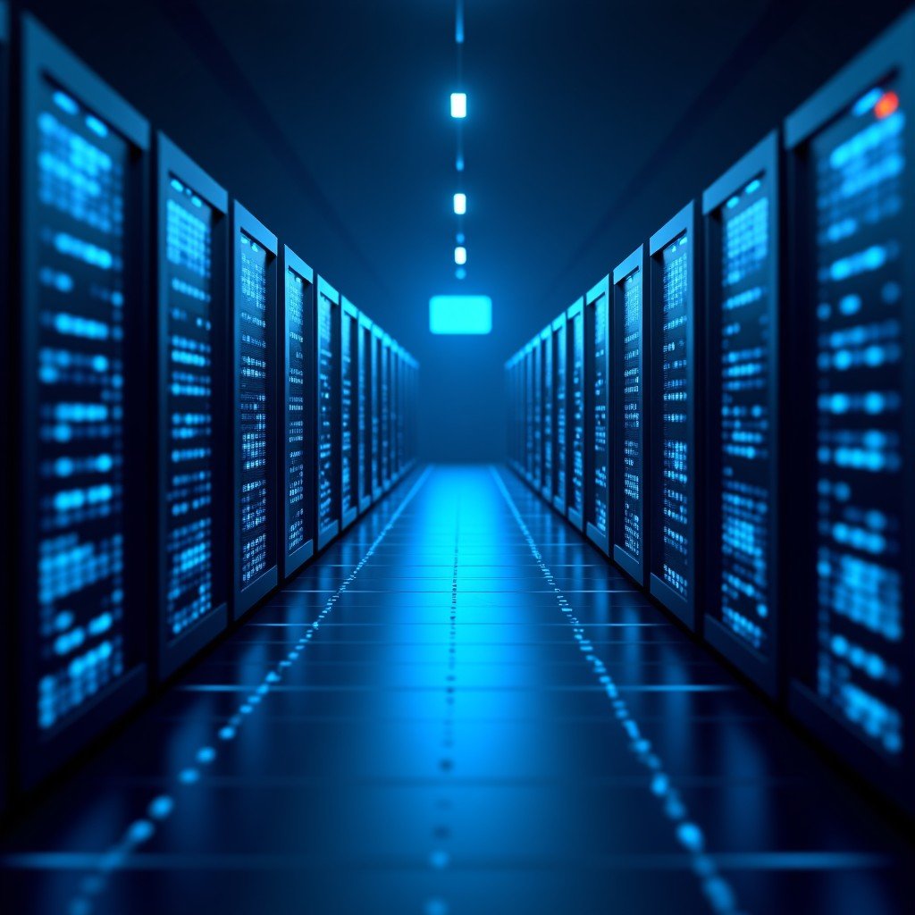 Digital illustration of abstract neural network connections and server racks in a dark blue background, glowing light, 1:1