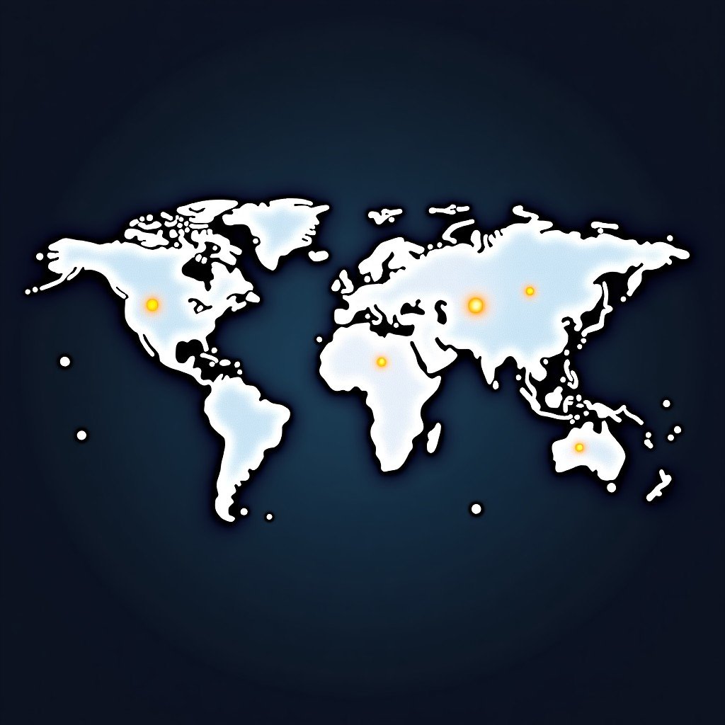 A stylized map of the world with glowing nodes and lines connecting global data centers, minimalist design, 4:3