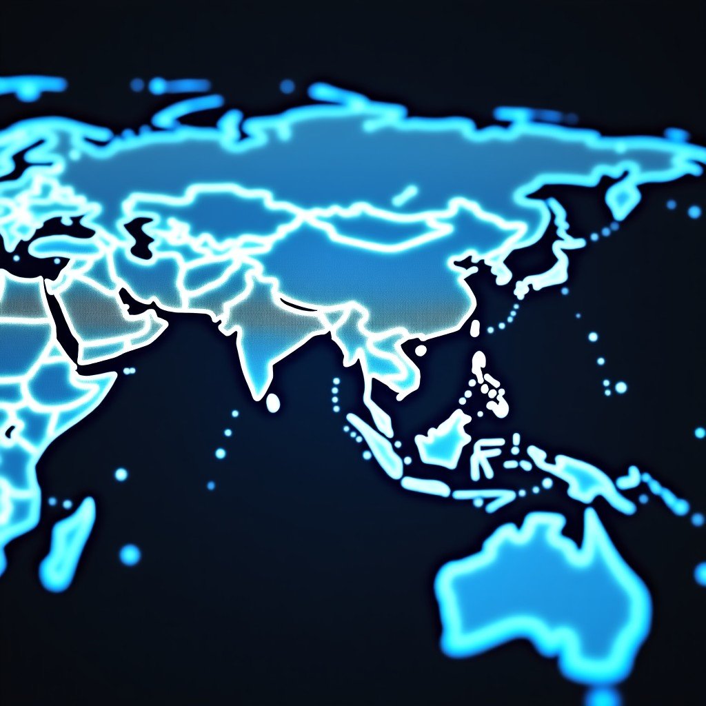 Futuristic global network infrastructure connecting Asian countries on a digital map, clean and professional design, high-tech concept, 16:9 ratio