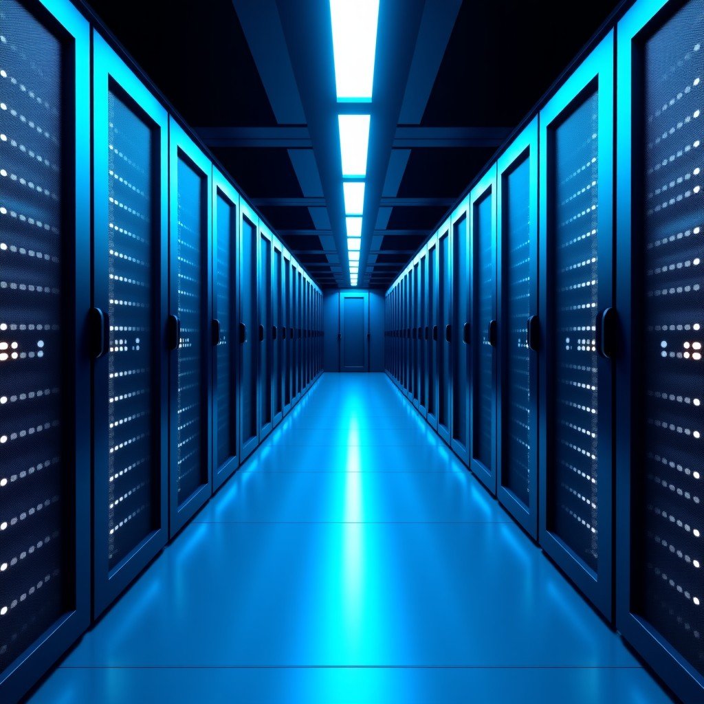 Interior of a high-end data center with endless rows of server racks, glowing blue LED lights, clean industrial aesthetics, hyper-realistic, 4:3 ratio