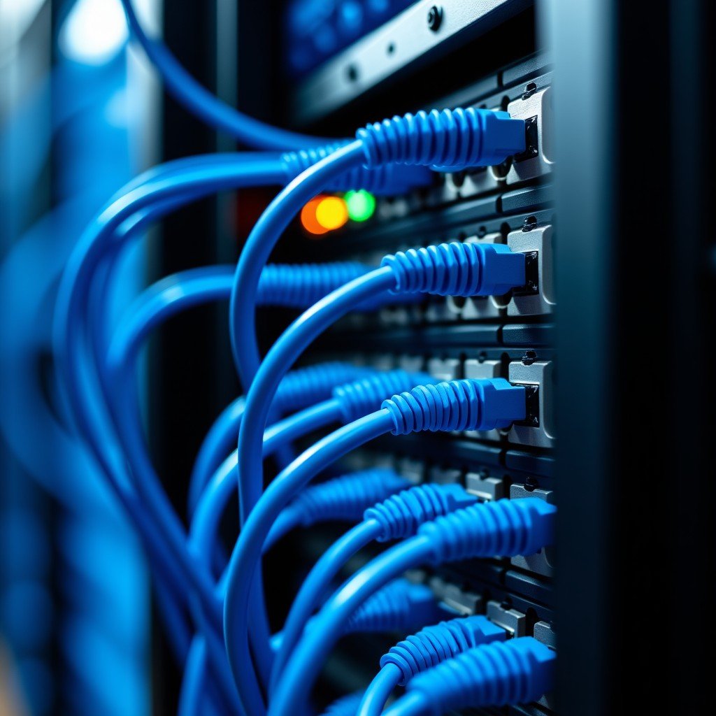 Close-up of network cables and high-speed server hardware in a data center, focus on connectivity and speed, modern technology, 4:3 ratio
