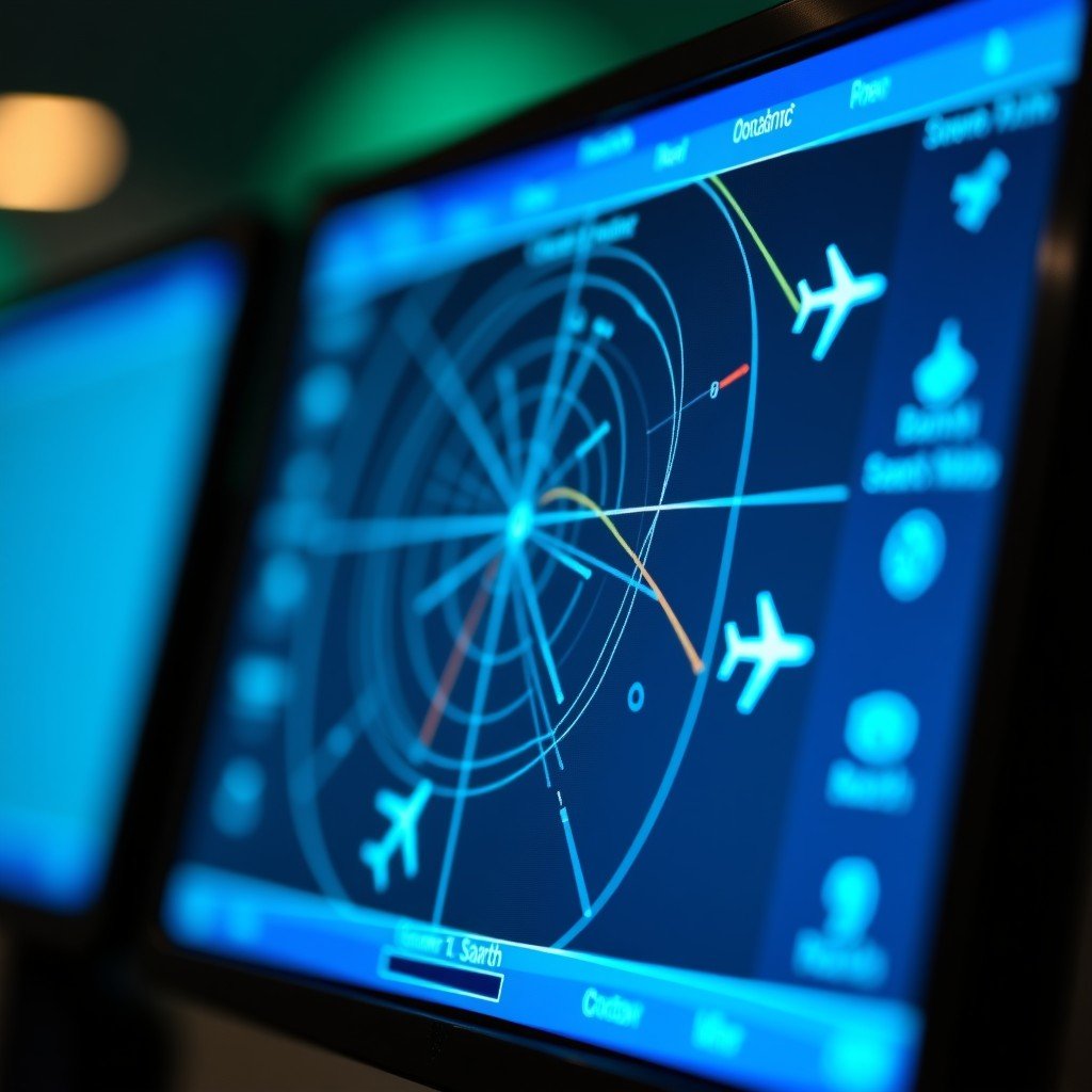 Close-up of an air traffic control radar screen showing flight paths, clean interface, professional aviation environment, 4:3