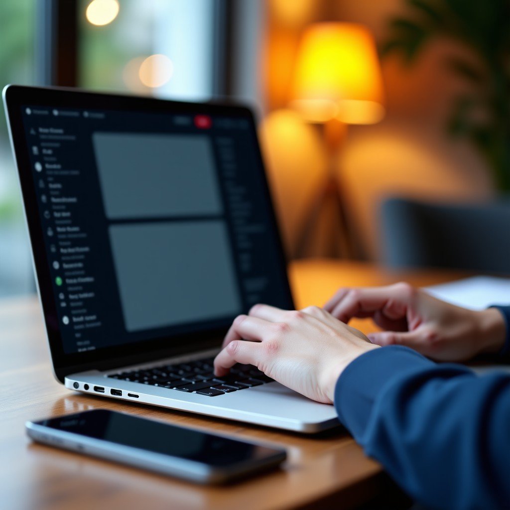A close up of a person using a laptop with a modern minimalist interface, warm lighting, professional atmosphere, shallow depth of field, 4:3