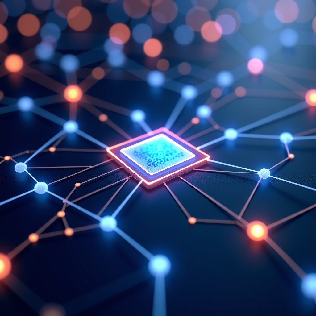 An abstract representation of digital productivity infrastructure, glowing nodes and connections, clean design, professional lighting, 4:3