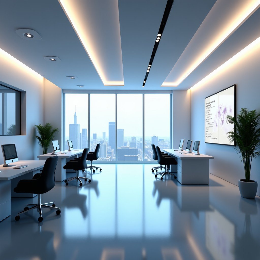 Futuristic office space with clean lines and soft ambient lighting, high quality, professional photography, 4:3