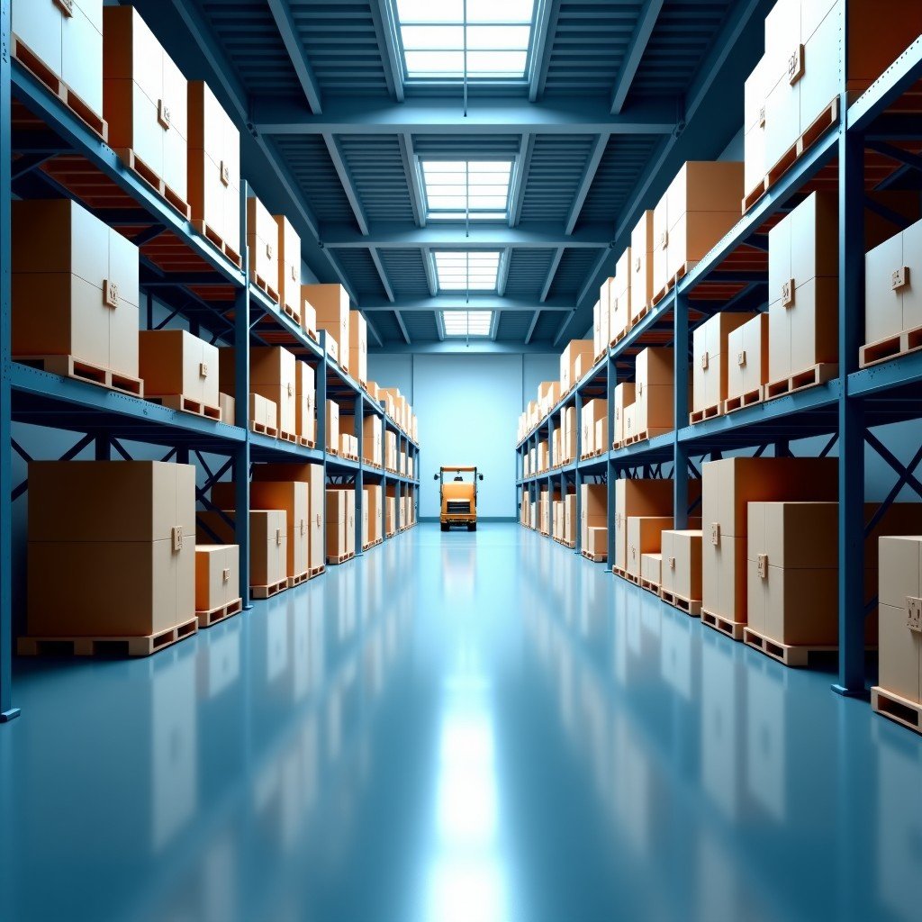 Futuristic warehouse interior with automated robotic logistics, clean industrial design, bright lighting, high quality, 16:9 aspect ratio.