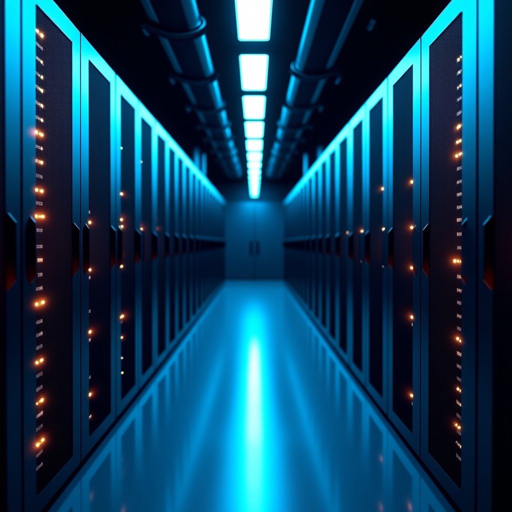 Modern data center rows of servers with flashing lights, deep perspective, industrial tech facility, high quality professional photography, 4:3