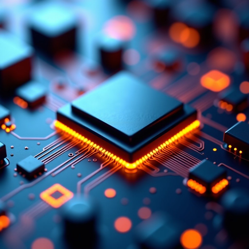 Close-up macro shot of an advanced memory microchip, futuristic electronic circuit, bokeh effect, professional studio lighting, 4:3