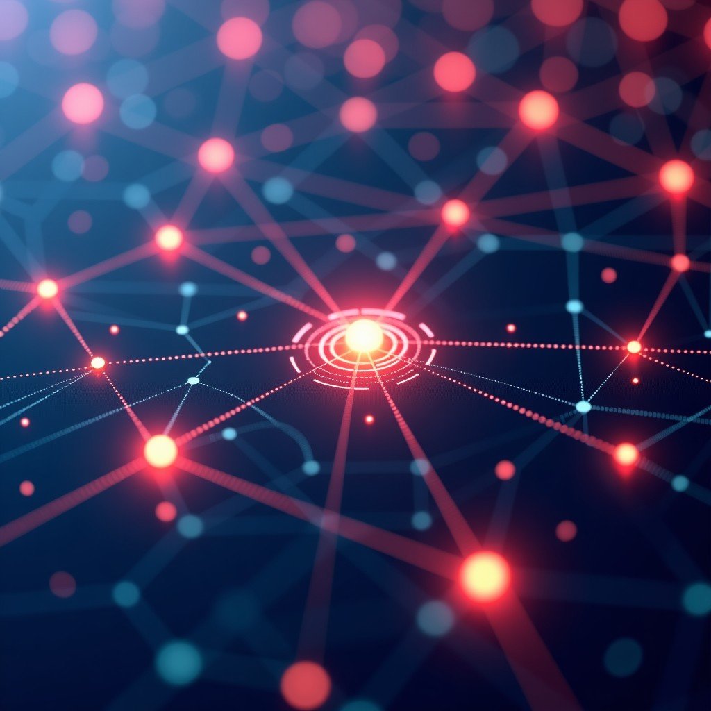 Abstract representation of digital identity and AI agent security nodes interconnected in a glowing network matrix 4:3