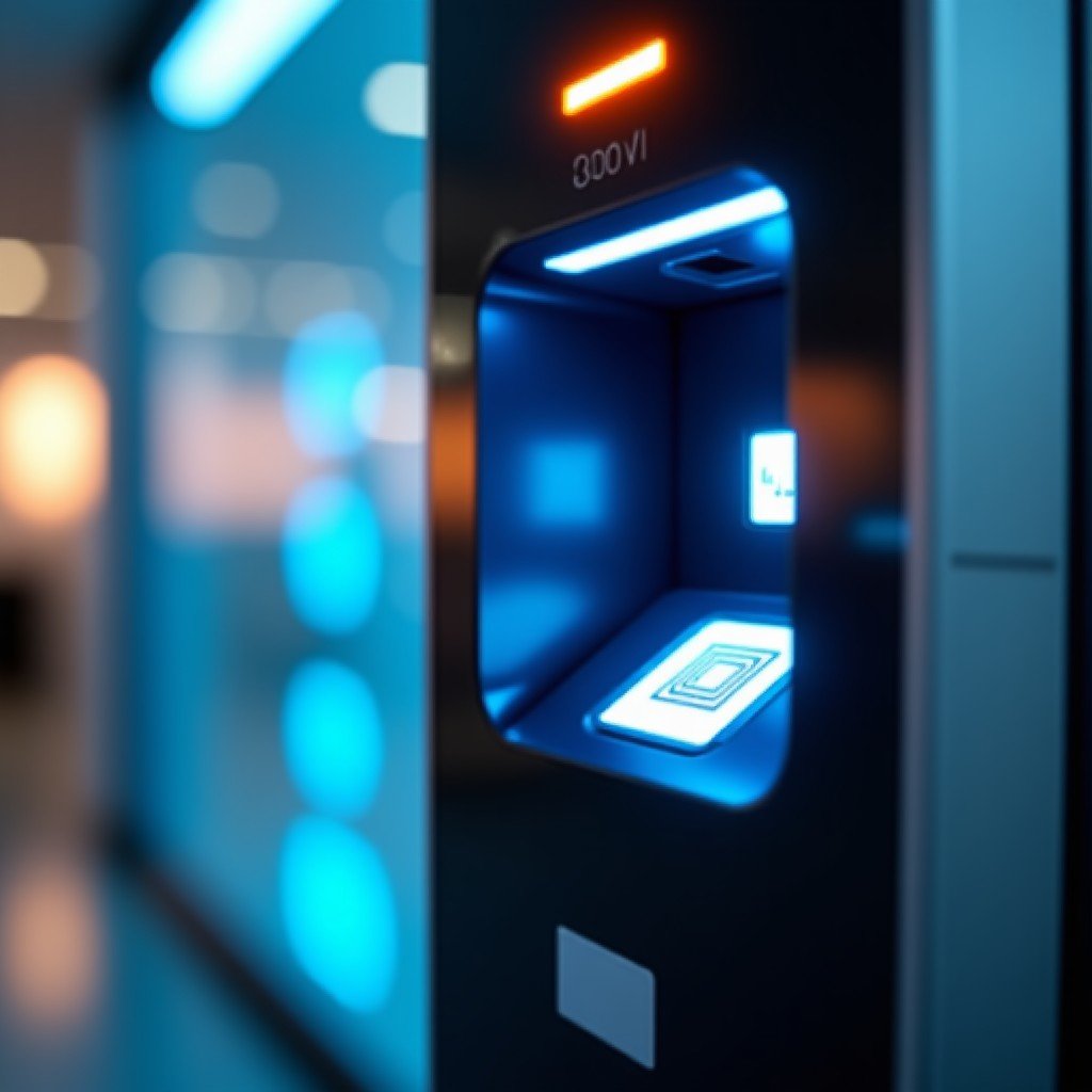 Close up of a sophisticated biometric security scanner with glowing interface elements in a clean modern environment 4:3