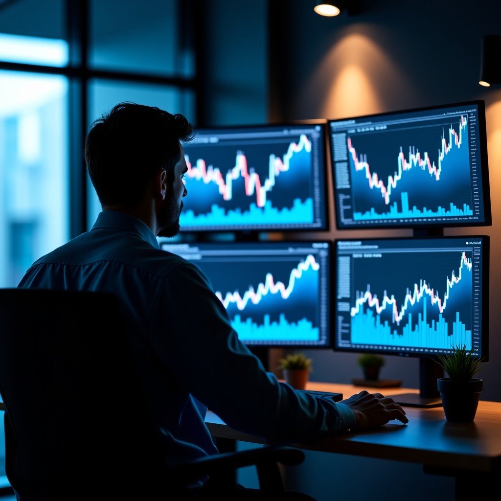 A professional analyst reviewing digital stock market trends on multiple monitors with sleek dark office lighting 4:3