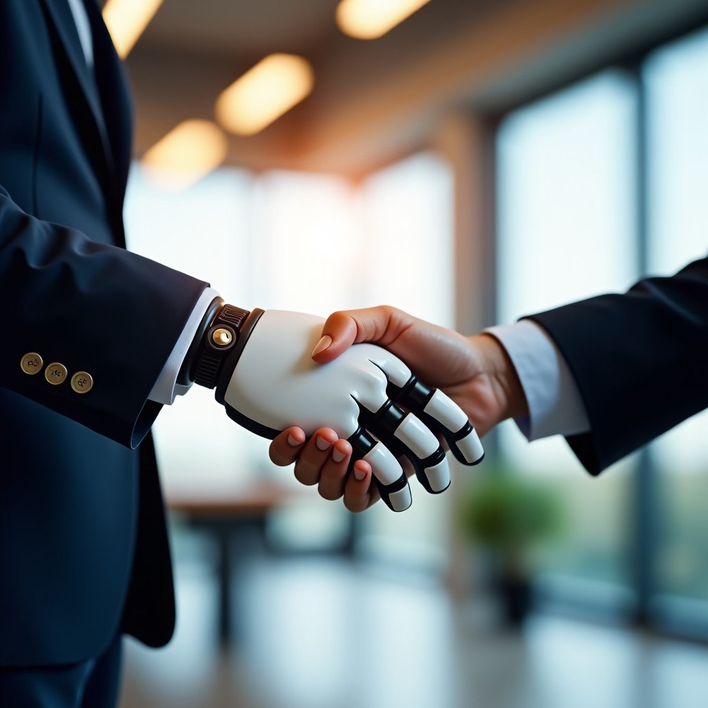Close up of a robotic hand shaking a human hand in a high tech office, representing collaboration and change, soft blurred office background, 4:3