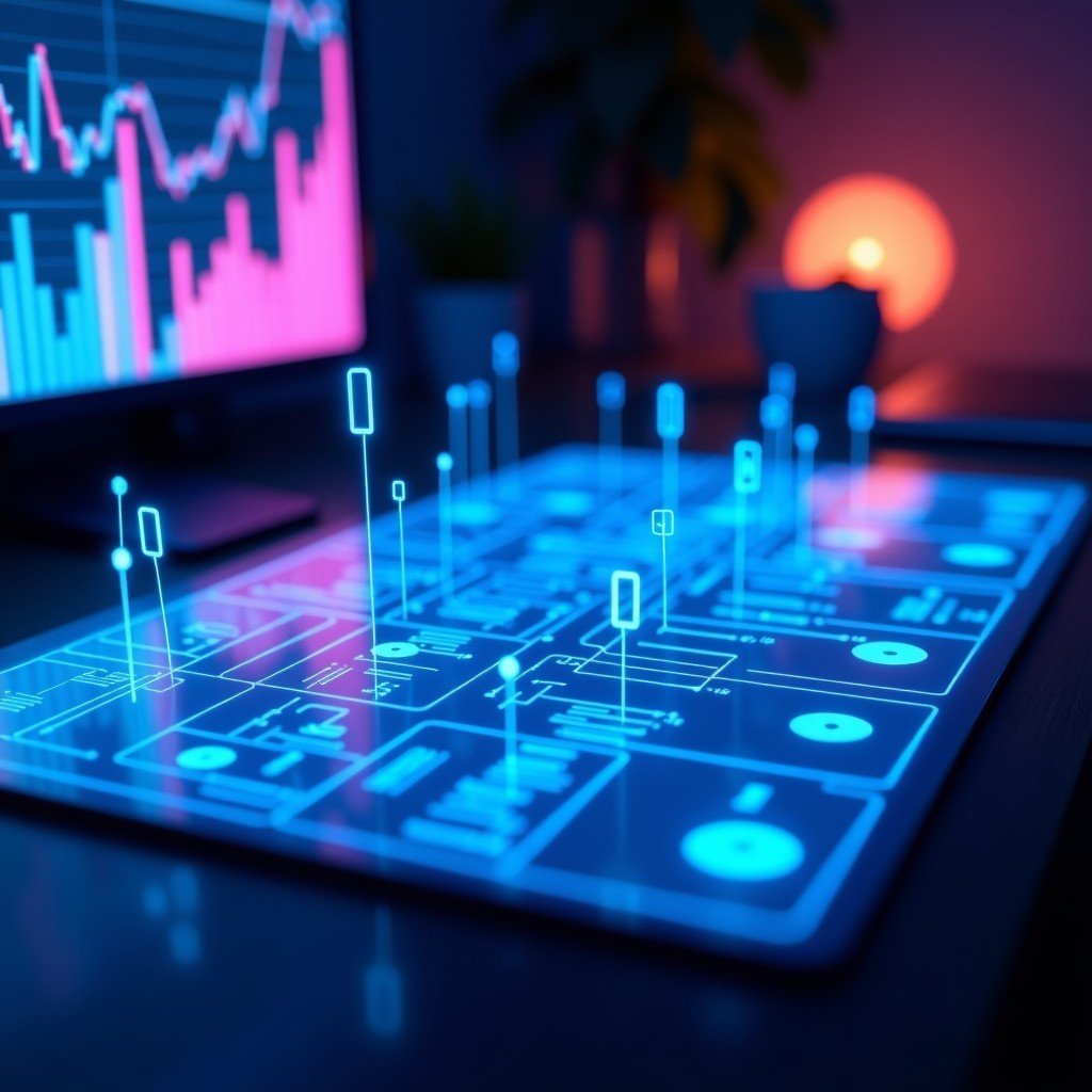 Glowing holographic data interfaces in a dark room with digital charts and AI node connections, sharp focus, vibrant blue and purple neon lighting, 4:3