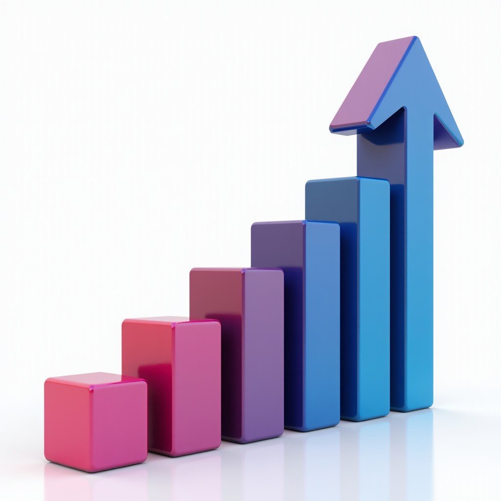 An abstract visual representation of a growing network of digital blocks forming an upward arrow, professional business colors, 3d render, sharp edges, high resolution, 4:3