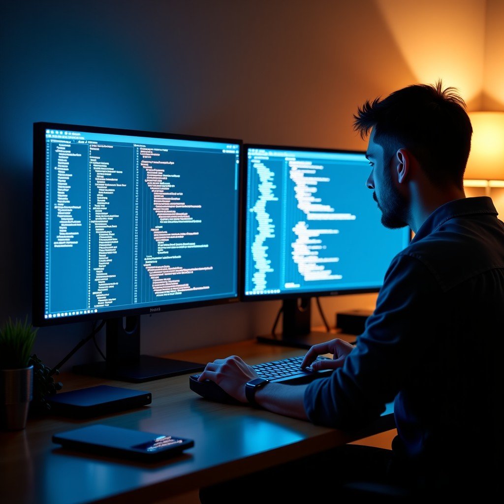 An organized programmer desk with multiple screens displaying complex code structures and modern software development environment, clean aesthetic, 16:9 ratio.