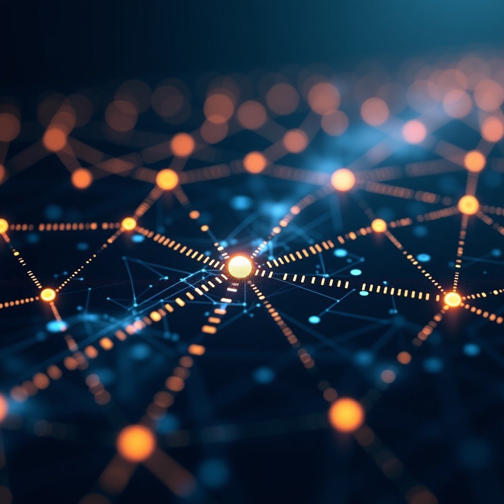 Digital network of interconnected nodes and glowing binary code strings, representing technological integration, dark blue and gold color scheme, 16:9 ratio.