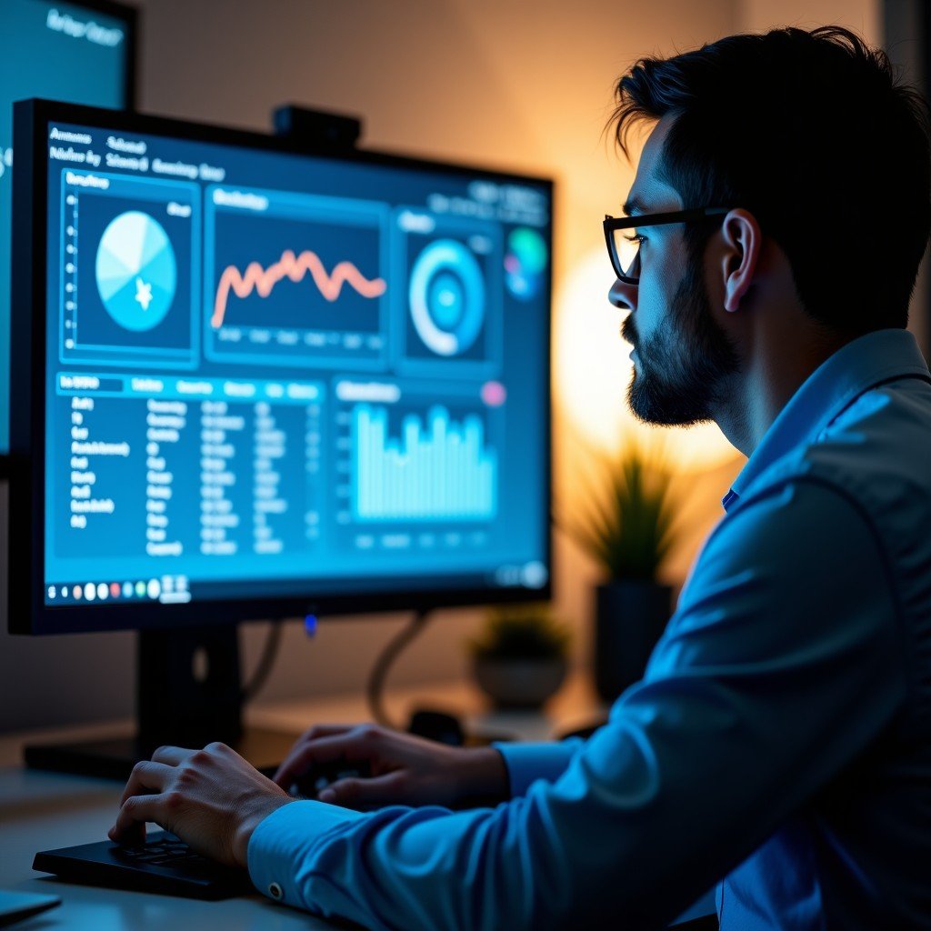 Close up of a skilled professional reviewing complex digital information on a computer, soft office lighting, focused atmosphere, high quality photography, 4:3